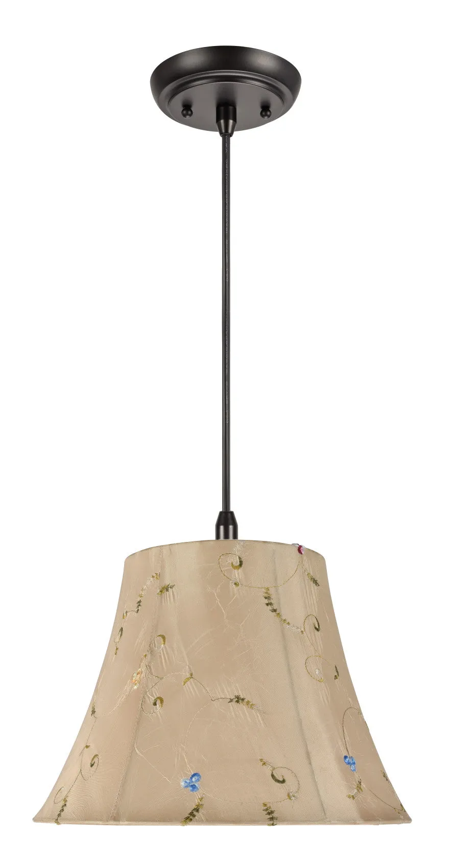 # 70017 One-Light Hanging Pendant Ceiling Light with Transitional Bell Fabric Lamp Shade, Gold with Floral Design, 13" Wide