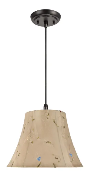 # 70017 One-Light Hanging Pendant Ceiling Light with Transitional Bell Fabric Lamp Shade, Gold with Floral Design, 13" Wide