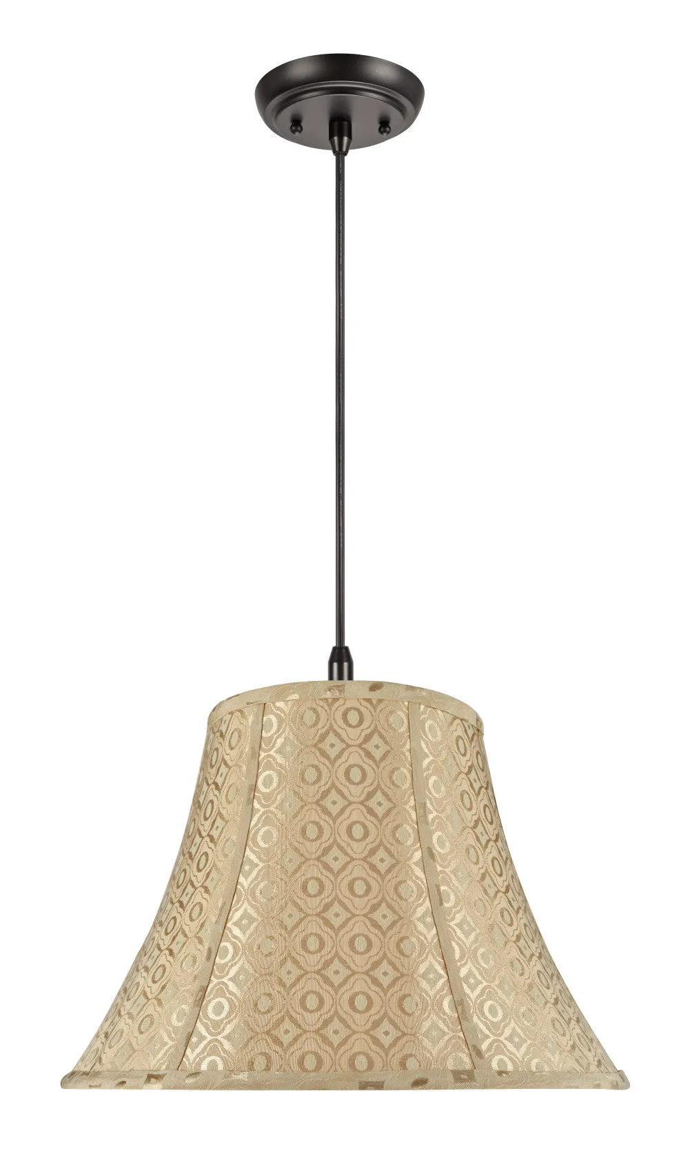 # 70028  Two-Light Hanging Pendant Ceiling Light with Transitional Bell Fabric Lamp Shade, Gold Geometric Design, 18" W