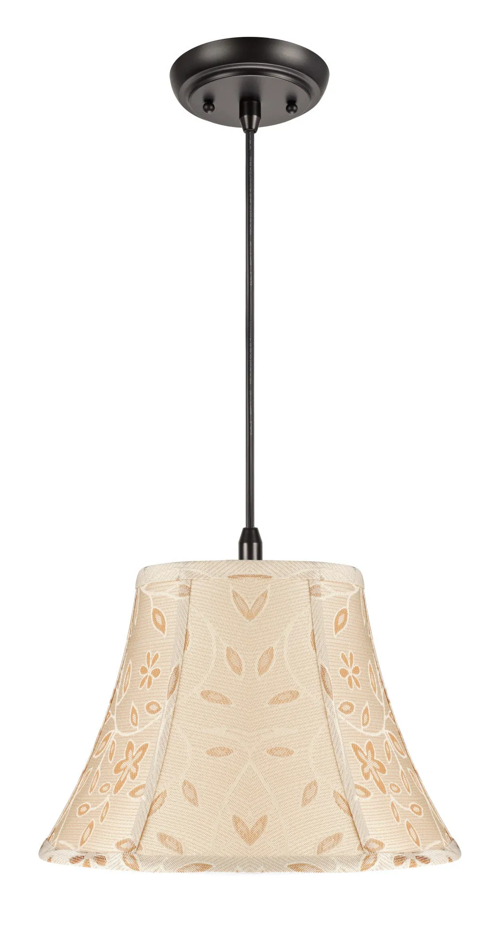 # 70091 One-Light Hanging Pendant Ceiling Light with Transitional Bell Fabric Lamp Shade, Gold  with Floral Design, 13" W