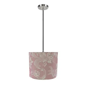 # 71023 One-Light Hanging Pendant Ceiling Light with Transitional Hardback Drum Fabric Lamp Shade, Pink with Design, 12" W