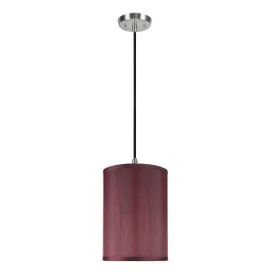 # 71034 One-Light Hanging Pendant Ceiling Light with Transitional Hardback Drum Fabric Lamp Shade, in  Dark Red, 8" W
