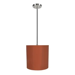# 71063-11 One-Light Hanging Pendant Ceiling Light with Transitional Drum Fabric Lamp Shade, Redwood, 8" width
