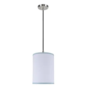 # 71111 One-Light Hanging Pendant Ceiling Light with Transitional Hardback Drum Fabric Lamp Shade, White, Blue Trim, 8" W