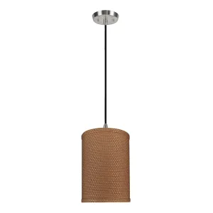 # 71115-11 One-Light Hanging Pendant Ceiling Light with Transitional Drum Fabric Lamp Shade, Brown, 8" width