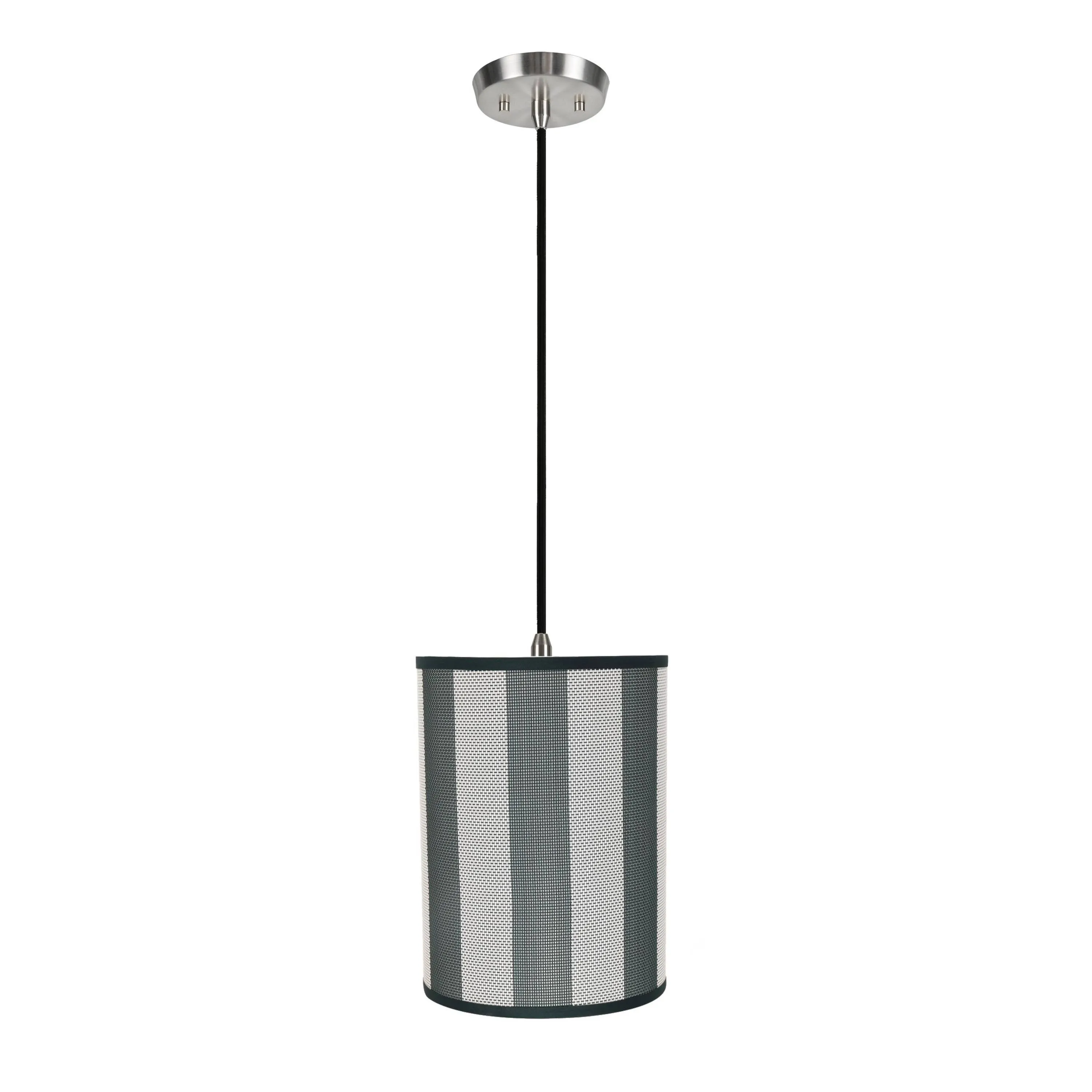 # 71120-11 One-Light Hanging Pendant Ceiling Light with Transitional Drum Fabric Lamp Shade, Hunter Green & White, 8" width