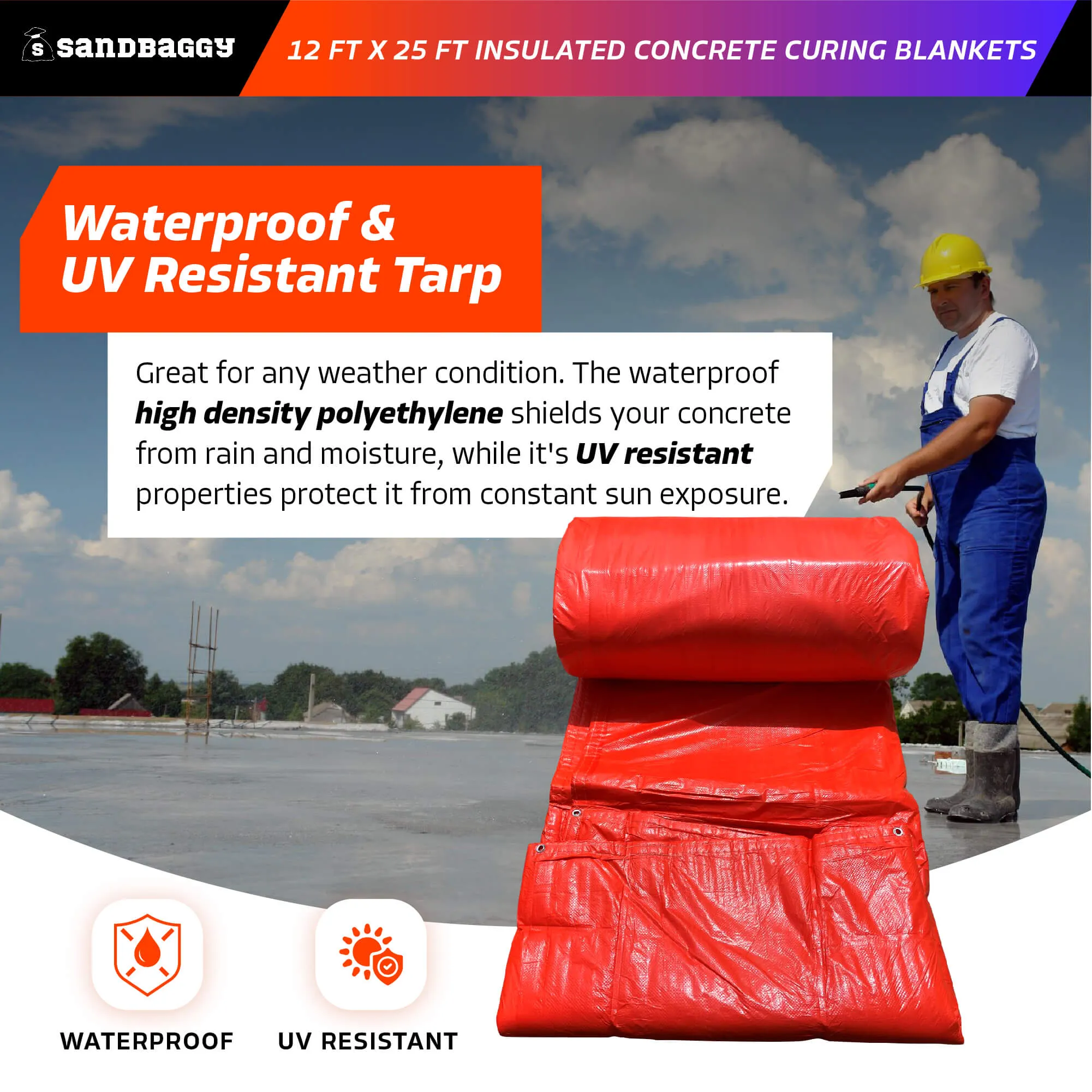 12 ft x 25 ft Insulated Concrete Curing Blankets - Weatherproof Cement Tarp