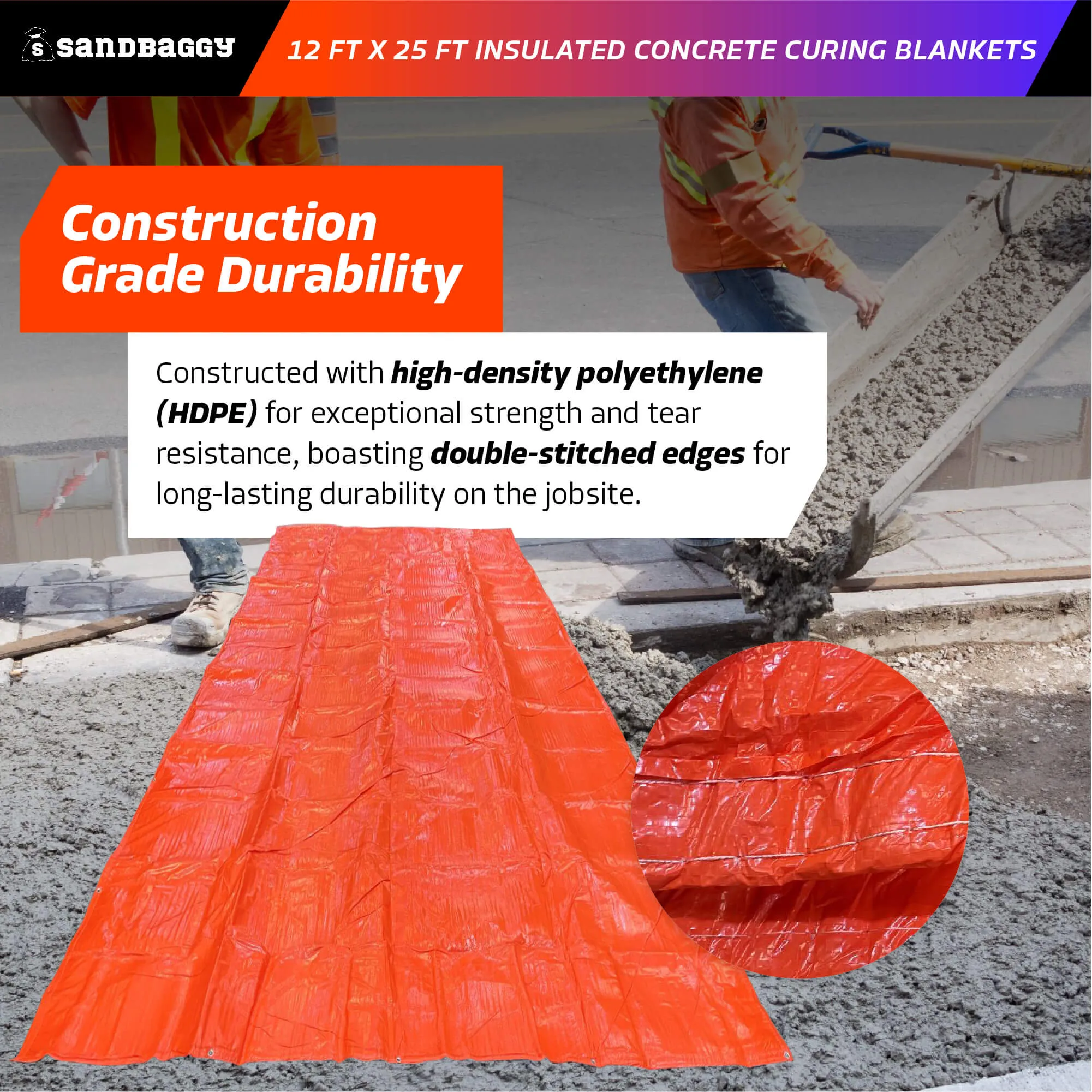 12 ft x 25 ft Insulated Concrete Curing Blankets - Weatherproof Cement Tarp