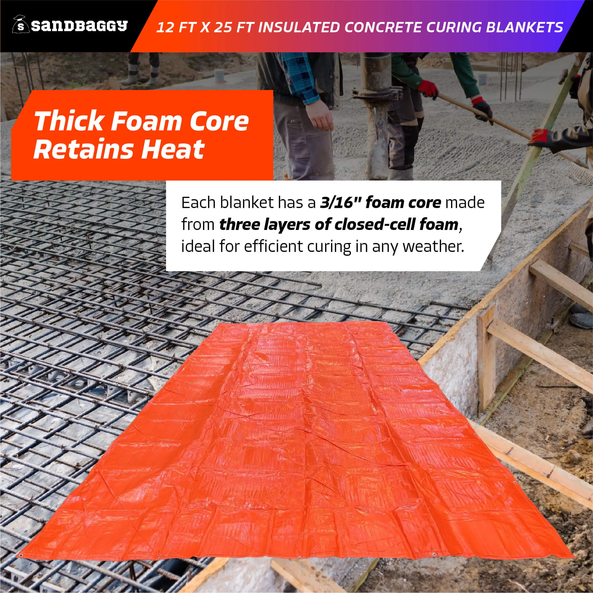 12 ft x 25 ft Insulated Concrete Curing Blankets - Weatherproof Cement Tarp