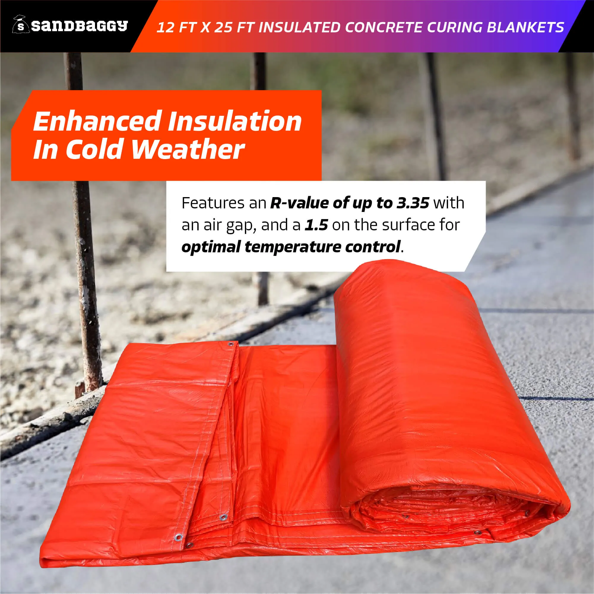 12 ft x 25 ft Insulated Concrete Curing Blankets - Weatherproof Cement Tarp