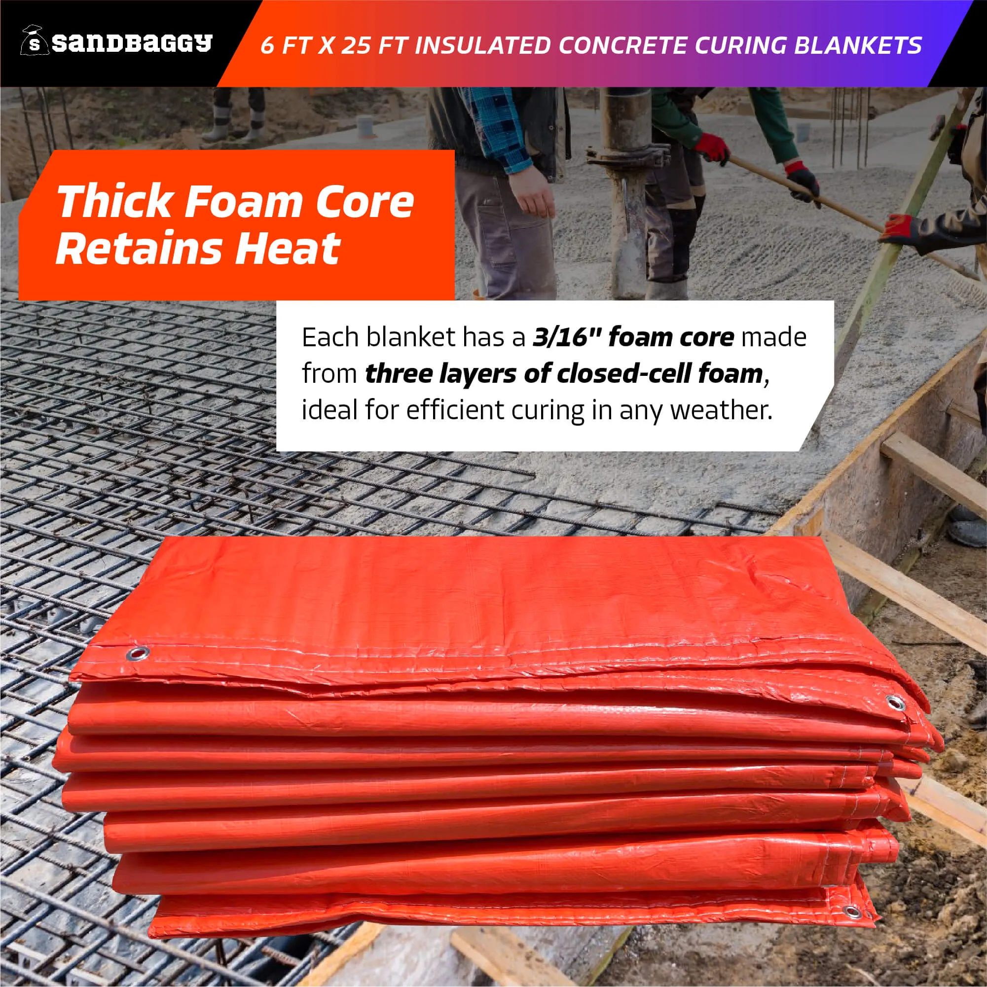 6 ft x 25 ft Insulated Concrete Curing Blankets - Weatherproof Cement Tarp