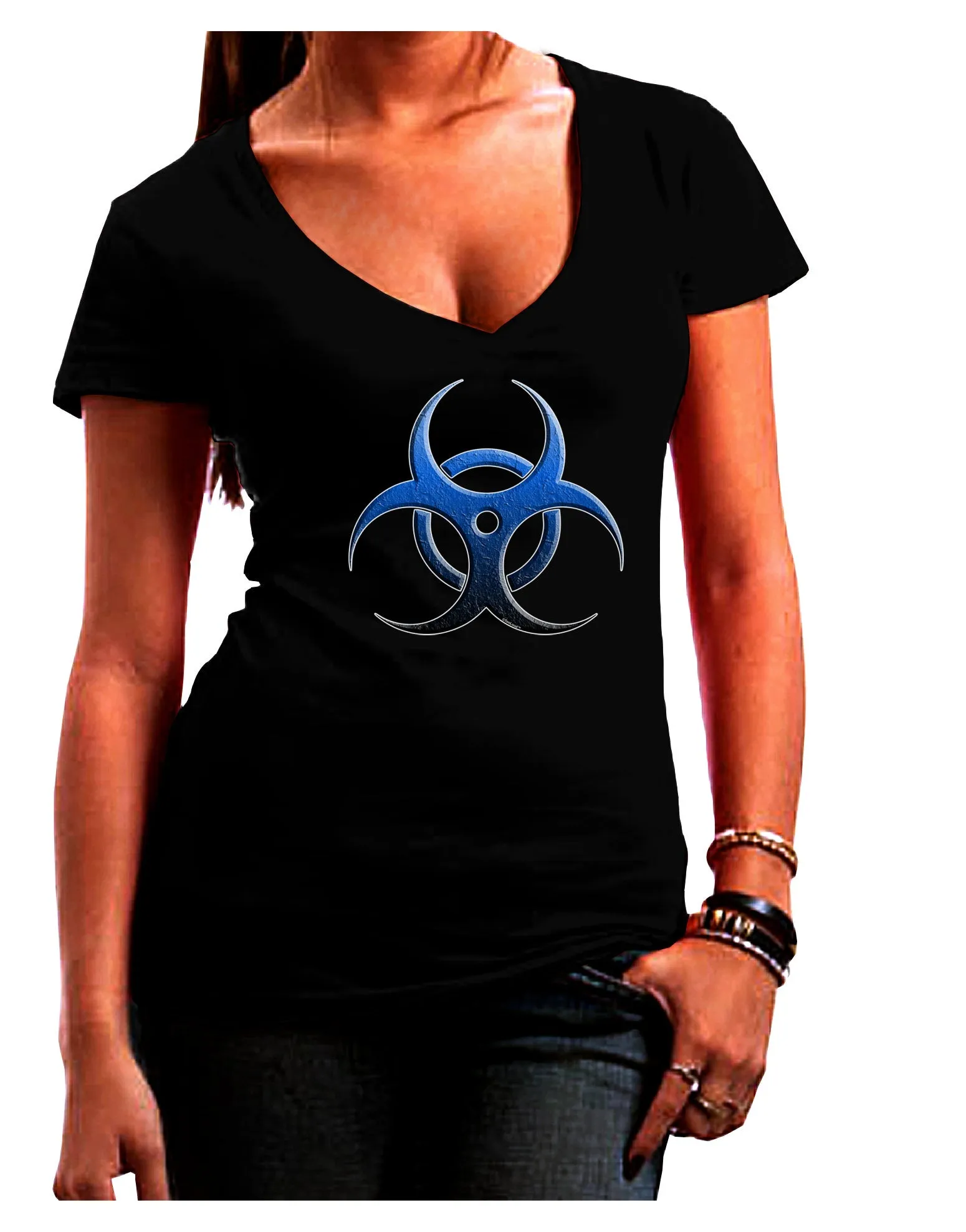 Biohazard Symbol Blue Stone - Apocalypse Juniors V-Neck Dark T-Shirt