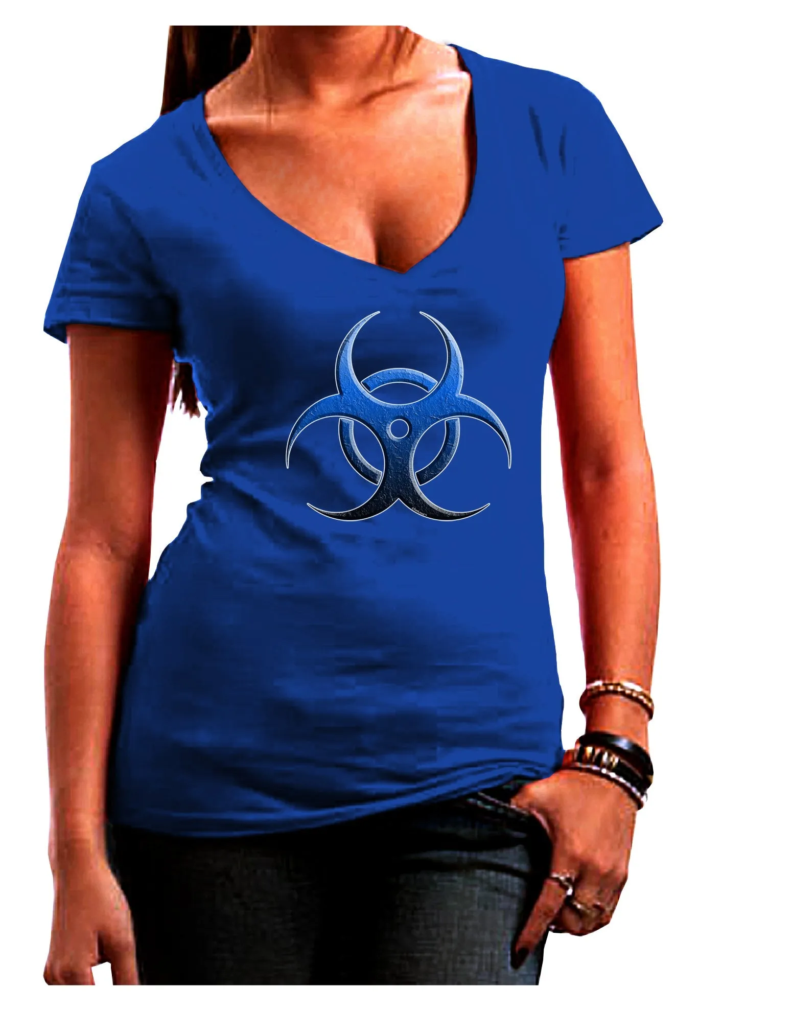 Biohazard Symbol Blue Stone - Apocalypse Juniors V-Neck Dark T-Shirt