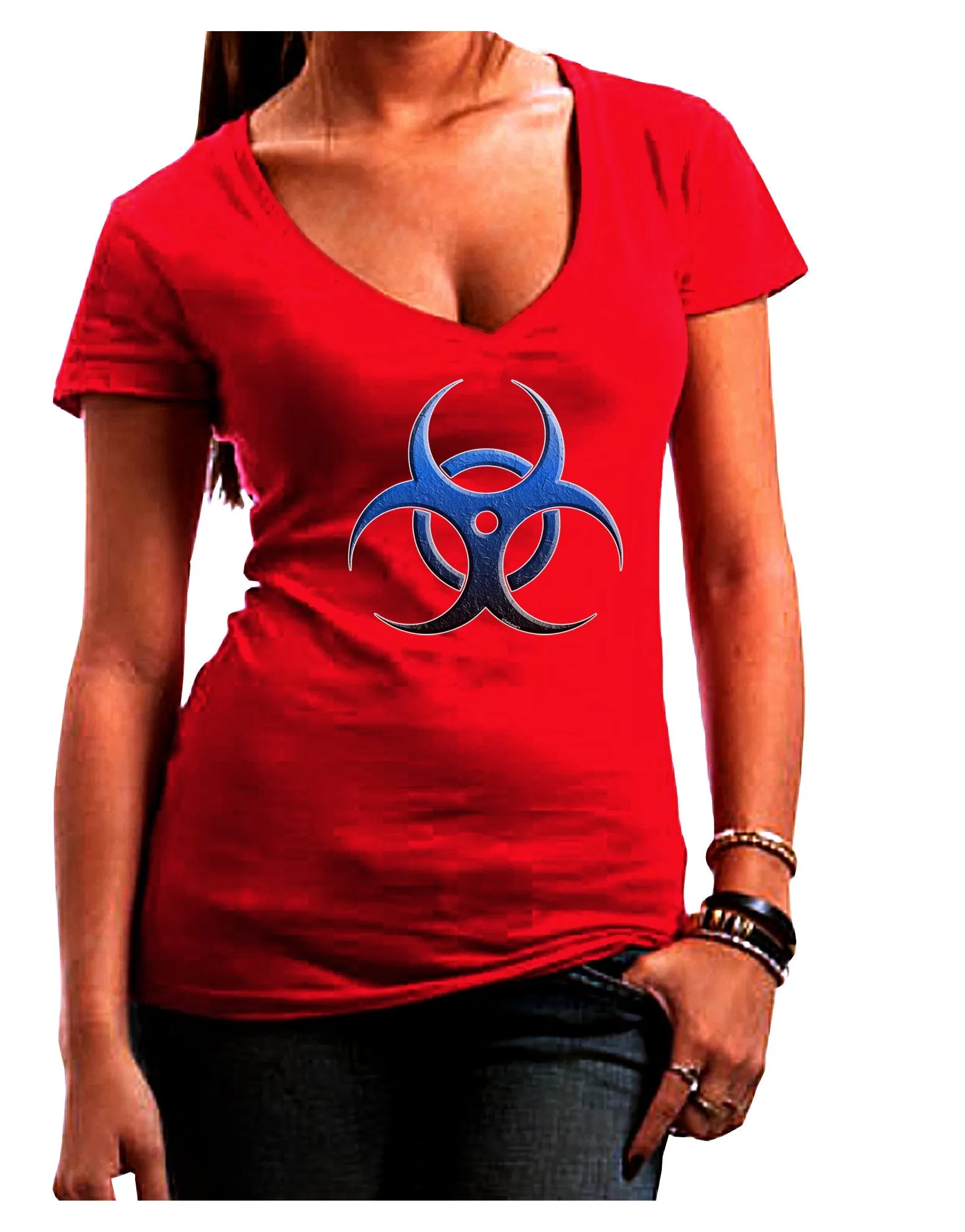 Biohazard Symbol Blue Stone - Apocalypse Juniors V-Neck Dark T-Shirt