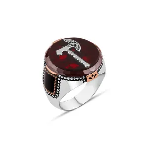Circle Red Agate Stone with Viking Axe Silver Men's Ring Onyx Siding Onyx in Epaulet Shape