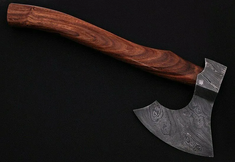 Custom Handmade Beautiful Damascus Steel Axe Handle Rosewood with Leather Sheath