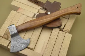 Custom Handmade Damascus Steel Axe Handle Rosewood With Beautiful Leather Sheath Tactical survival Hatchets Handcrafted Wood Chopping Axes