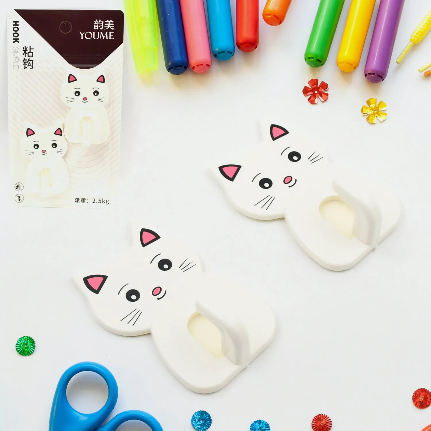 Cute Cat Wall Mounted Hook, Heavy&nbsp;Duty Hook, Sticky Hook Household, For Home, All Type Wall Use Hook, Suitable for Bathroom, Kitchen, Office (2 Pc Set)