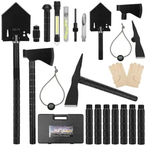 IUNIO Survival Off-Roading Tool Kit, Folding Shovel, Camping Axe, Multitool, Pickaxe, with Carrying Bag, for Outdoor, Car Emergency (Upgrade Black)