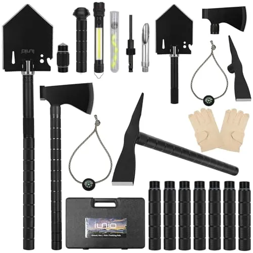 IUNIO Survival Off-Roading Tool Kit, Folding Shovel, Camping Axe, Multitool, Pickaxe, with Carrying Bag, for Outdoor, Car Emergency (Upgrade Black)