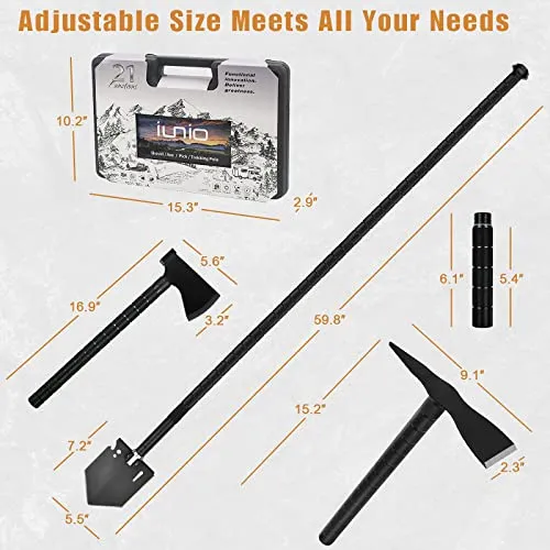 IUNIO Survival Off-Roading Tool Kit, Folding Shovel, Camping Axe, Multitool, Pickaxe, with Carrying Bag, for Outdoor, Car Emergency (Upgrade Black)