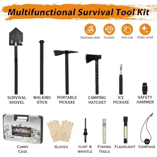 IUNIO Survival Off-Roading Tool Kit, Folding Shovel, Camping Axe, Multitool, Pickaxe, with Carrying Bag, for Outdoor, Car Emergency (Upgrade Black)