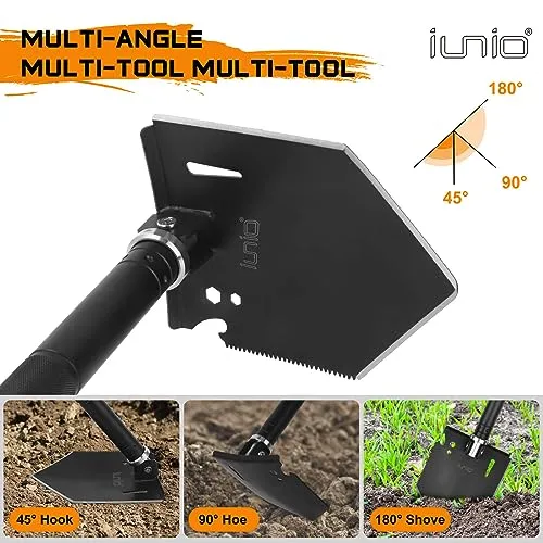 IUNIO Survival Off-Roading Tool Kit, Folding Shovel, Camping Axe, Multitool, Pickaxe, with Carrying Bag, for Outdoor, Car Emergency (Upgrade Black)