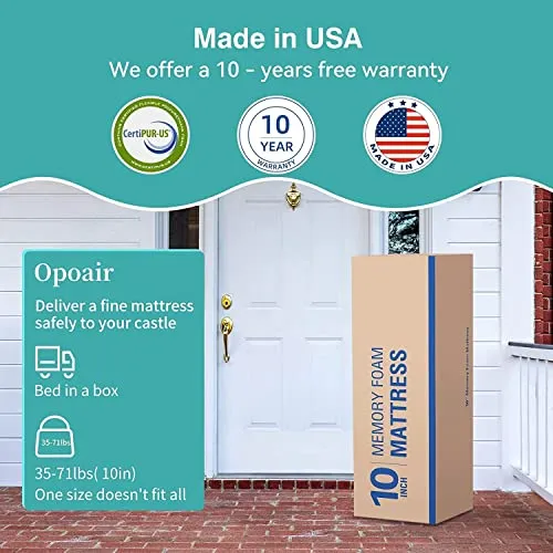 Opoiar 10 Inch Green Tea Memory Foam Mattress/Made in USA, Short King Size for RVs, Campers & Trailers/Mattress-in-a-Box/Medium Firm, White (RV-Short King)