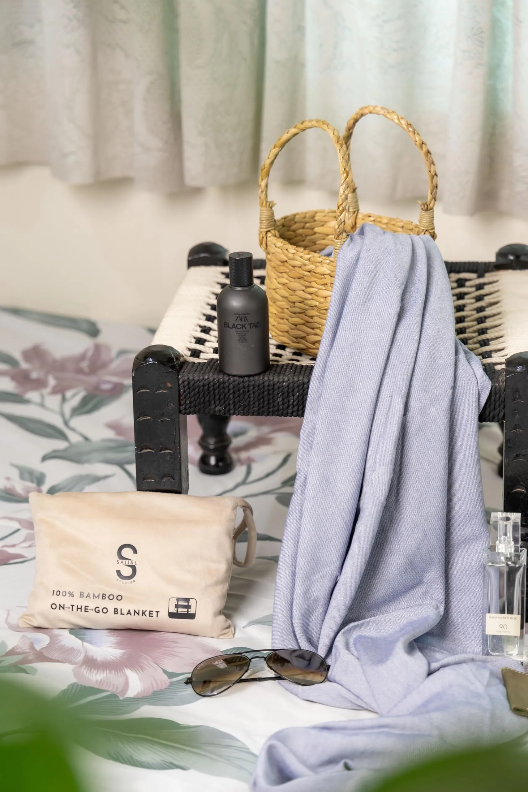Saijal Stories Bamboo Yarns Lightweight Portable Super Soft Multipurpose Blanket with Belt Strap for Comfortable Journey (150 cm X 105cm, Powder Blue)